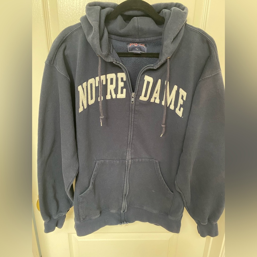 Vintage thick weave Jansport Navy Hoodie with Cream NOTRE DAME Felt Applique